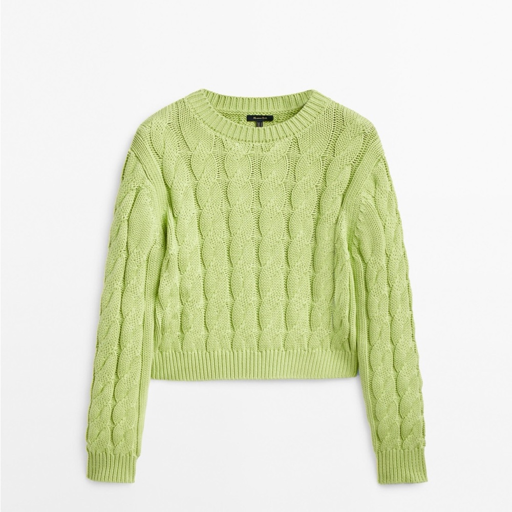 Massimo Dutti Green Cropped Cable-Knit Sweater